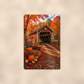 Covered Bridge Harvest Pumpkins aluminum metal sign 8" x 12" - front view on warm wall