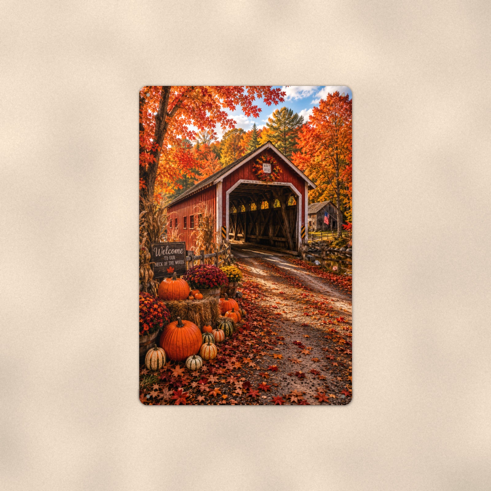Covered Bridge Harvest Pumpkins aluminum metal sign 8" x 12" - front view on warm wall