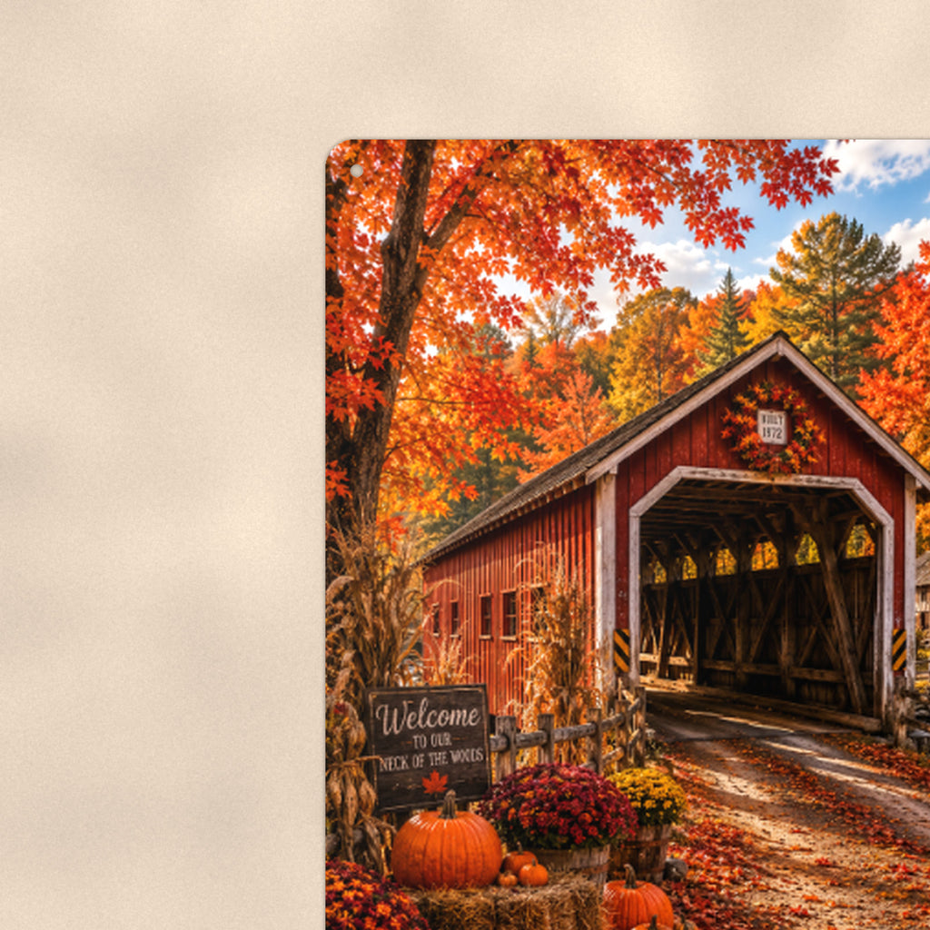 Covered Bridge Harvest Pumpkins aluminum metal sign 8" x 12" - close-up view of the printed artwork