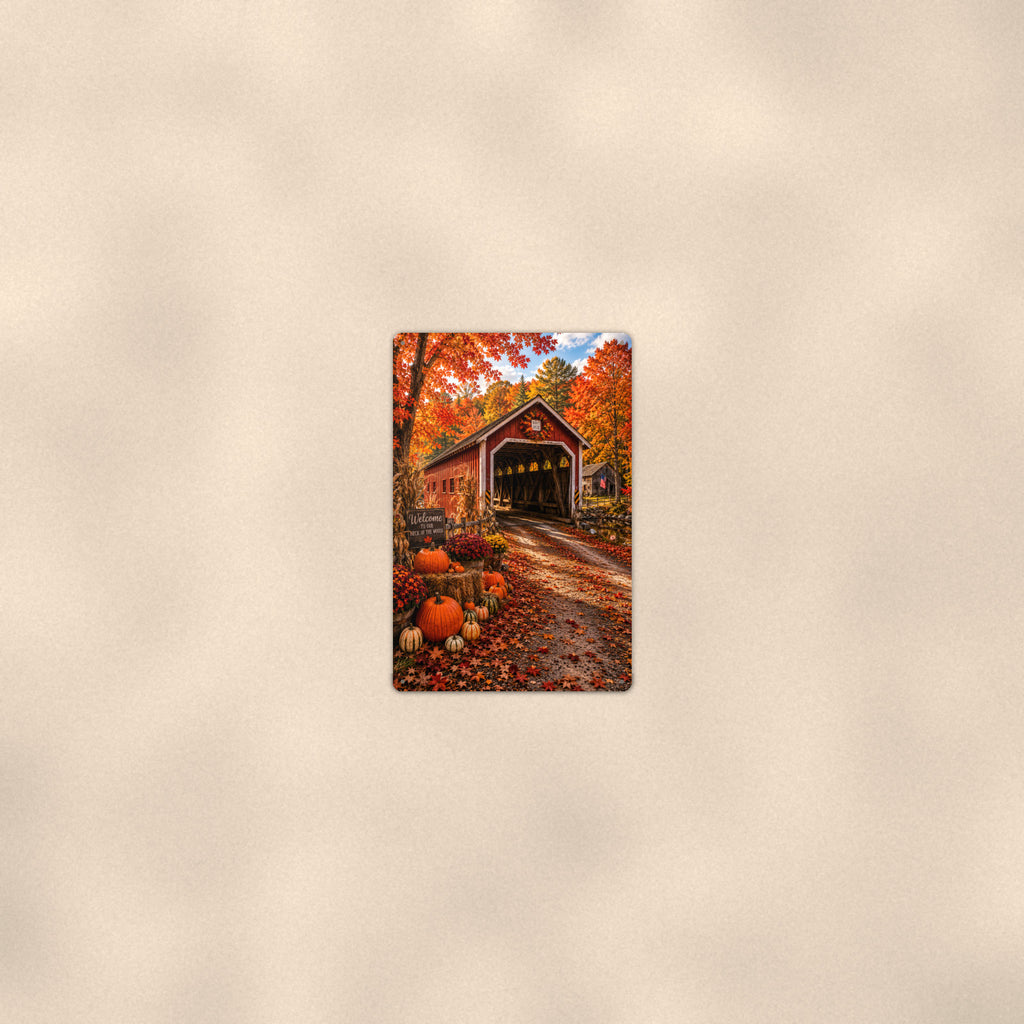 Covered Bridge Harvest Pumpkins aluminum metal sign 8" x 12" - room view on warm wall