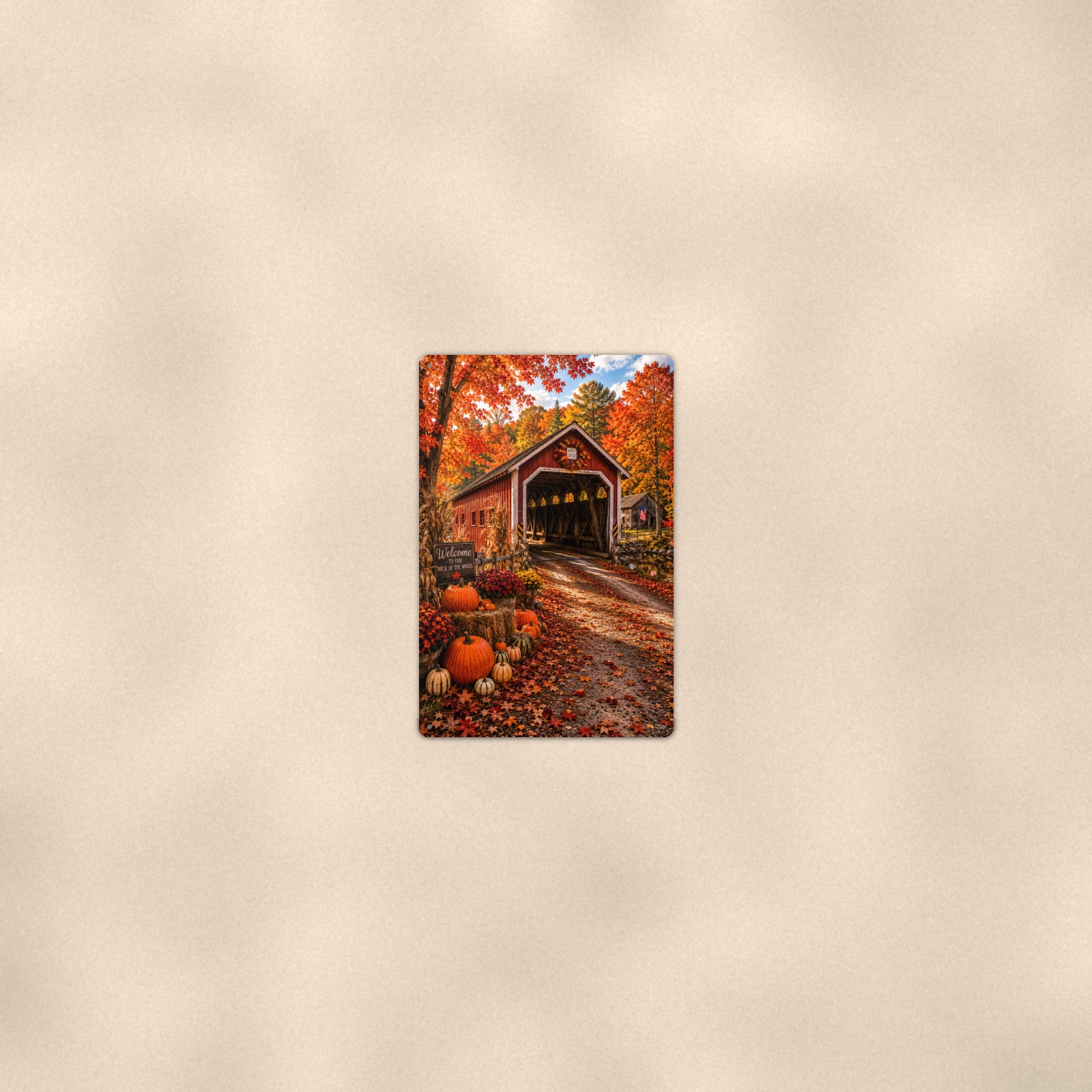 Covered Bridge Harvest Pumpkins aluminum metal sign 8" x 12" - room view on warm wall