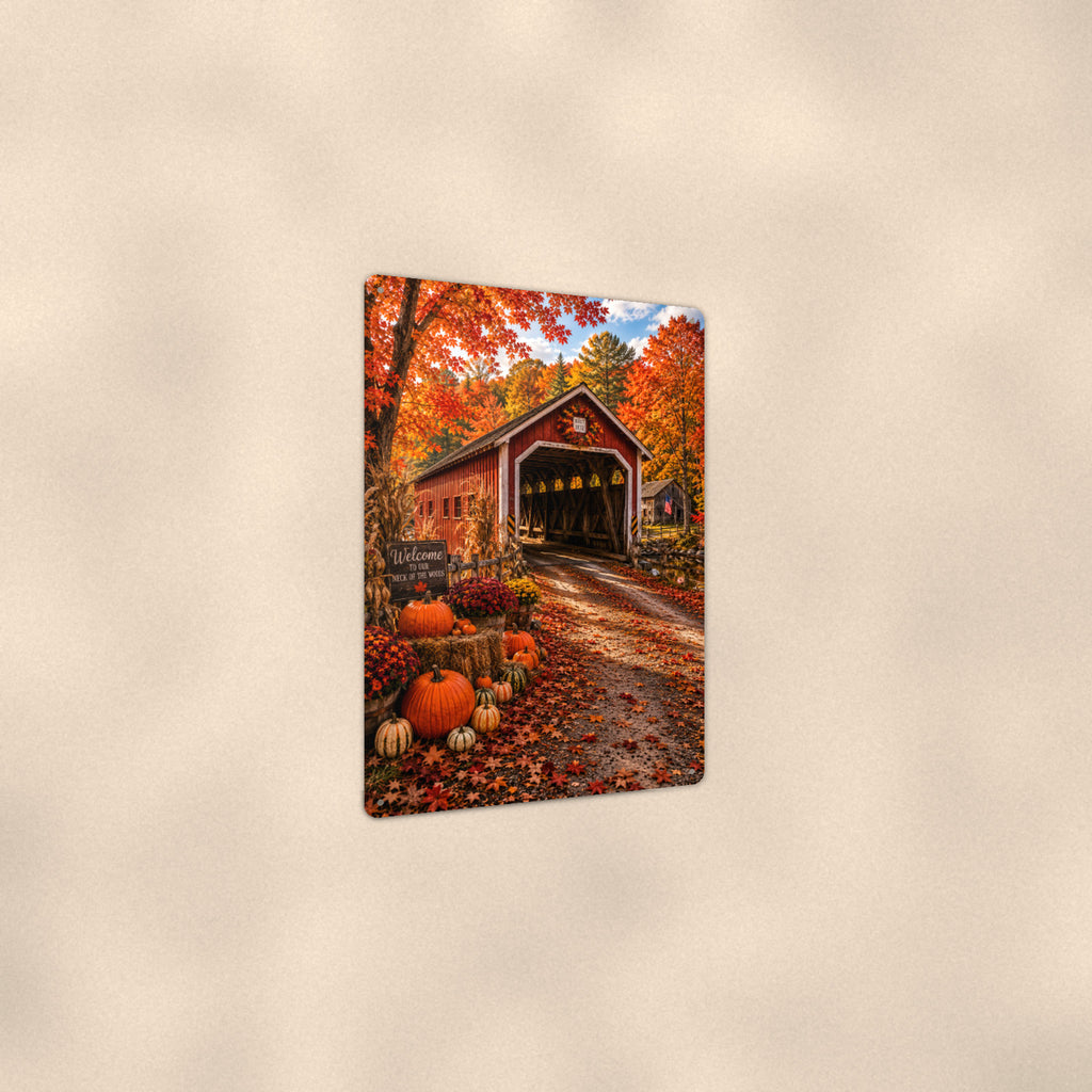 Covered Bridge Harvest Pumpkins aluminum metal sign 8" x 12" - angled view showing glossy finish