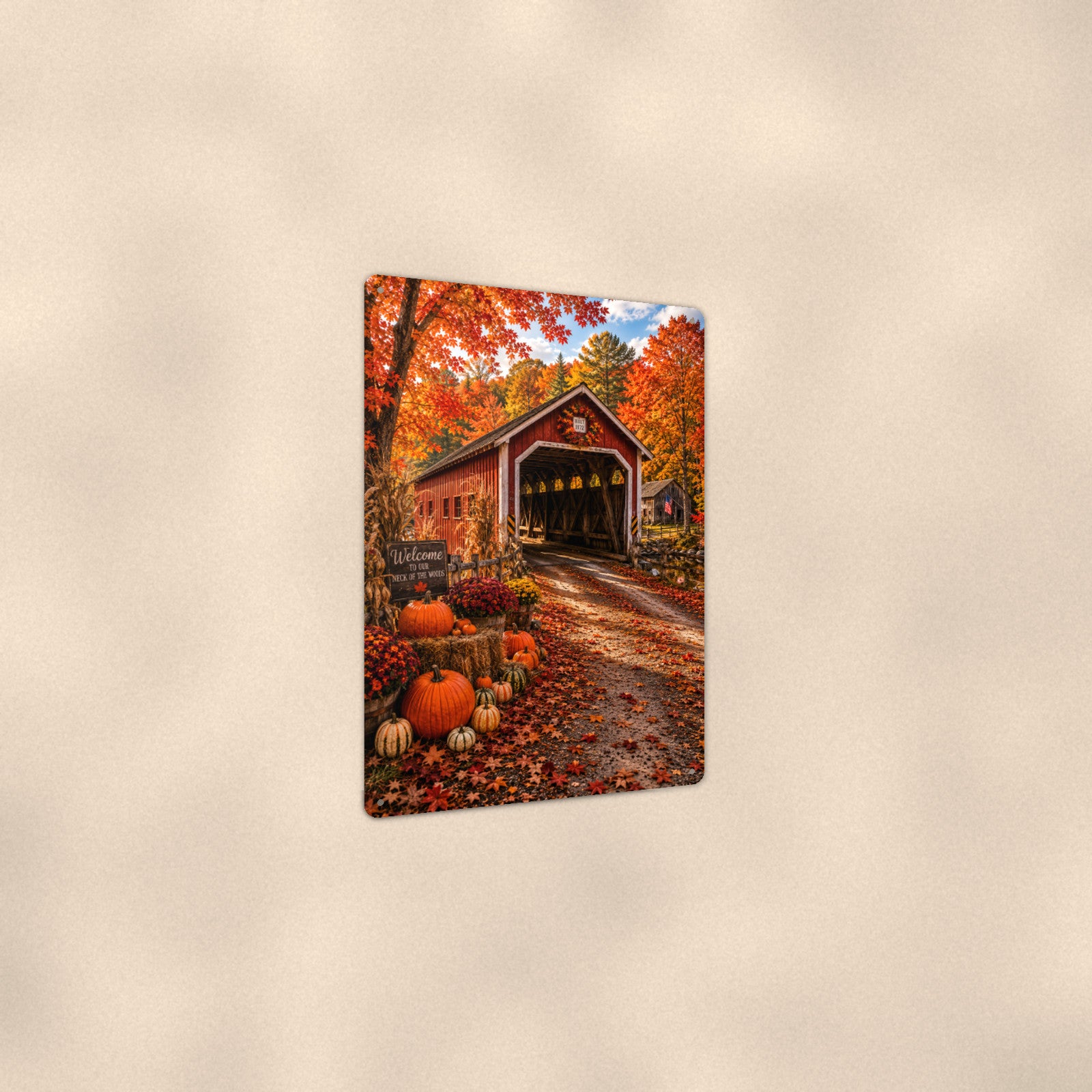 Covered Bridge Harvest Pumpkins aluminum metal sign 8" x 12" - angled view showing glossy finish