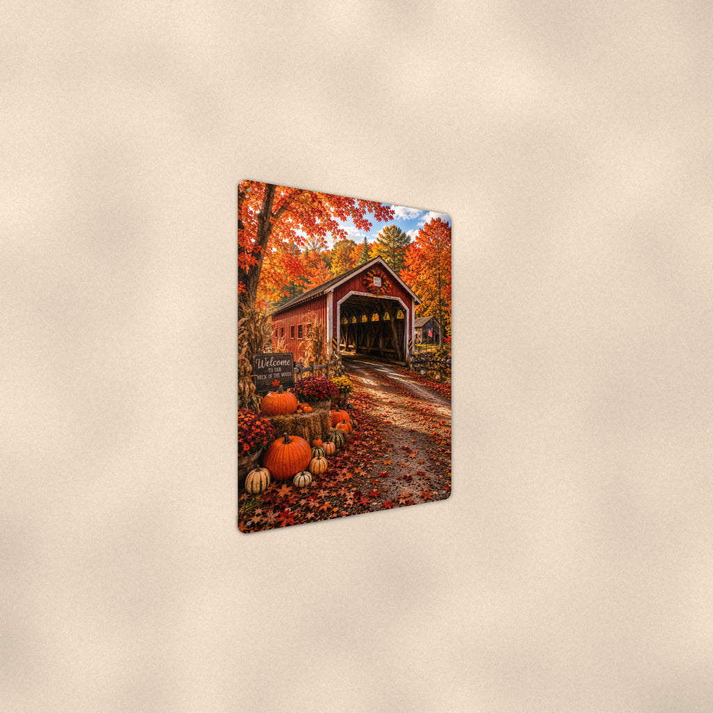 Covered Bridge Harvest Pumpkins aluminum metal sign 8" x 12" - angled wall view from a wider angle