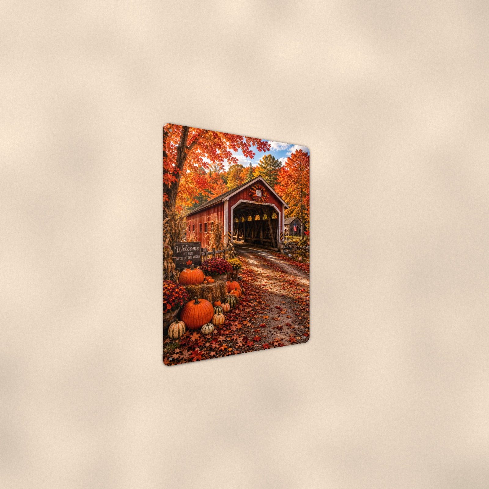 Covered Bridge Harvest Pumpkins aluminum metal sign 8" x 12" - angled wall view from a wider angle