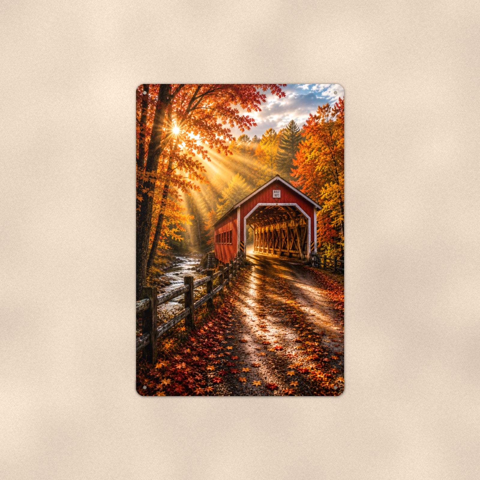 Covered Bridge Autumn Sunrays aluminum metal sign 8" x 12" - front view on warm wall