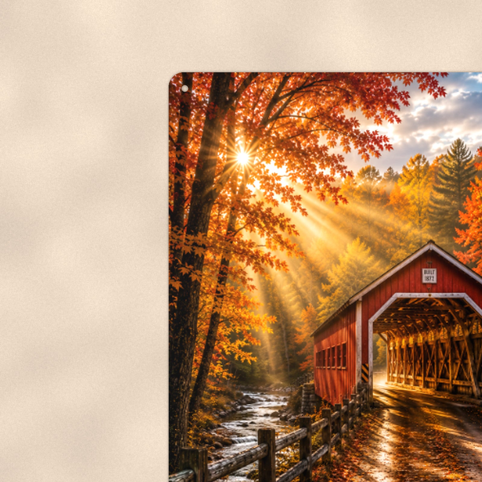 Covered Bridge Autumn Sunrays aluminum metal sign 8" x 12" - close-up view of the printed artwork