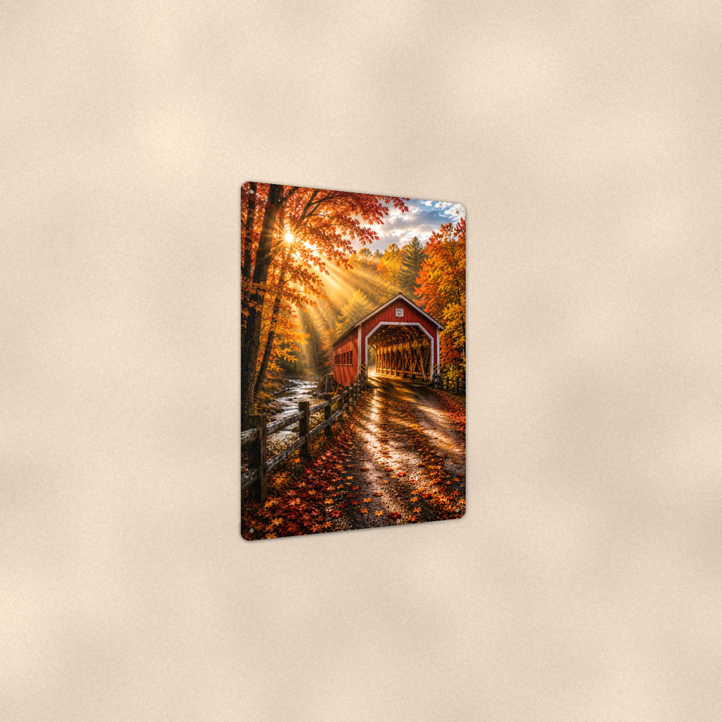 Covered Bridge Autumn Sunrays aluminum metal sign 8" x 12" - angled view showing glossy finish