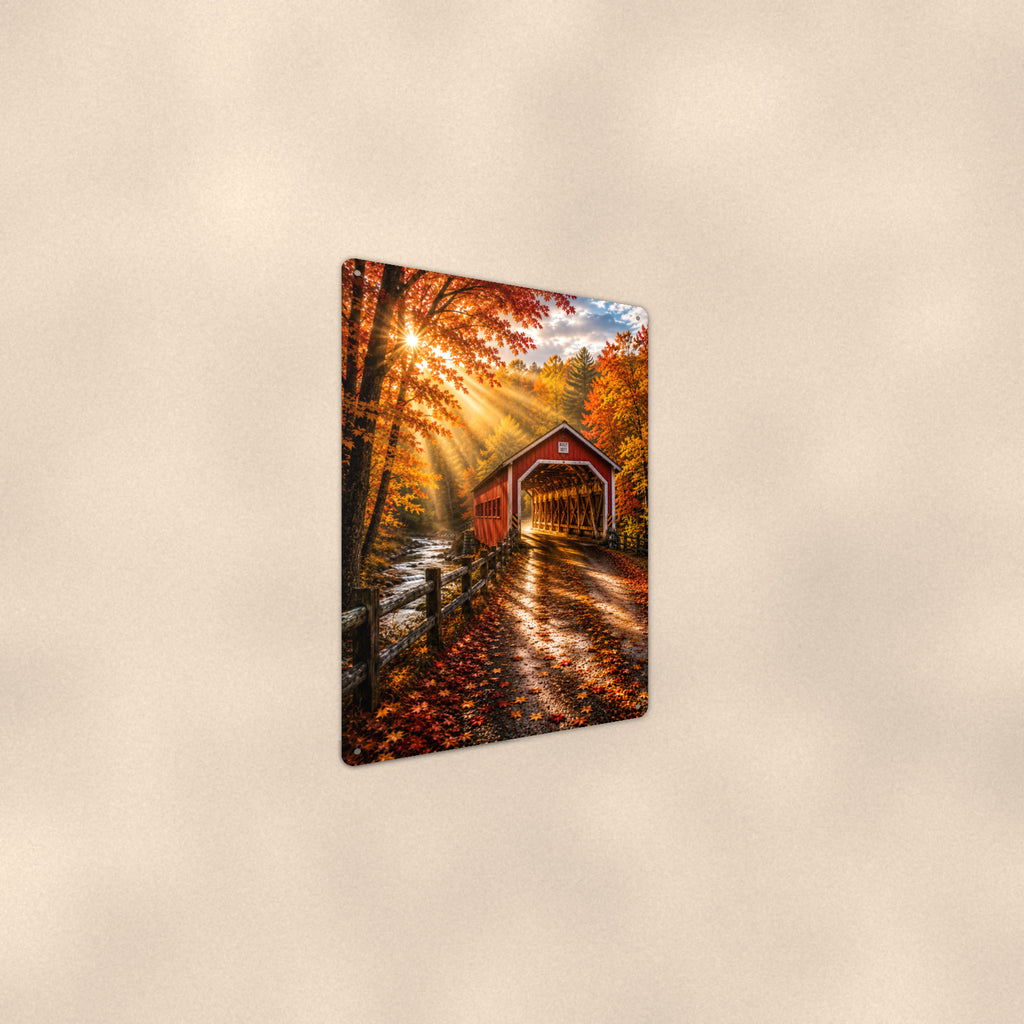 Covered Bridge Autumn Sunrays aluminum metal sign 8" x 12" - angled wall view from a wider angle
