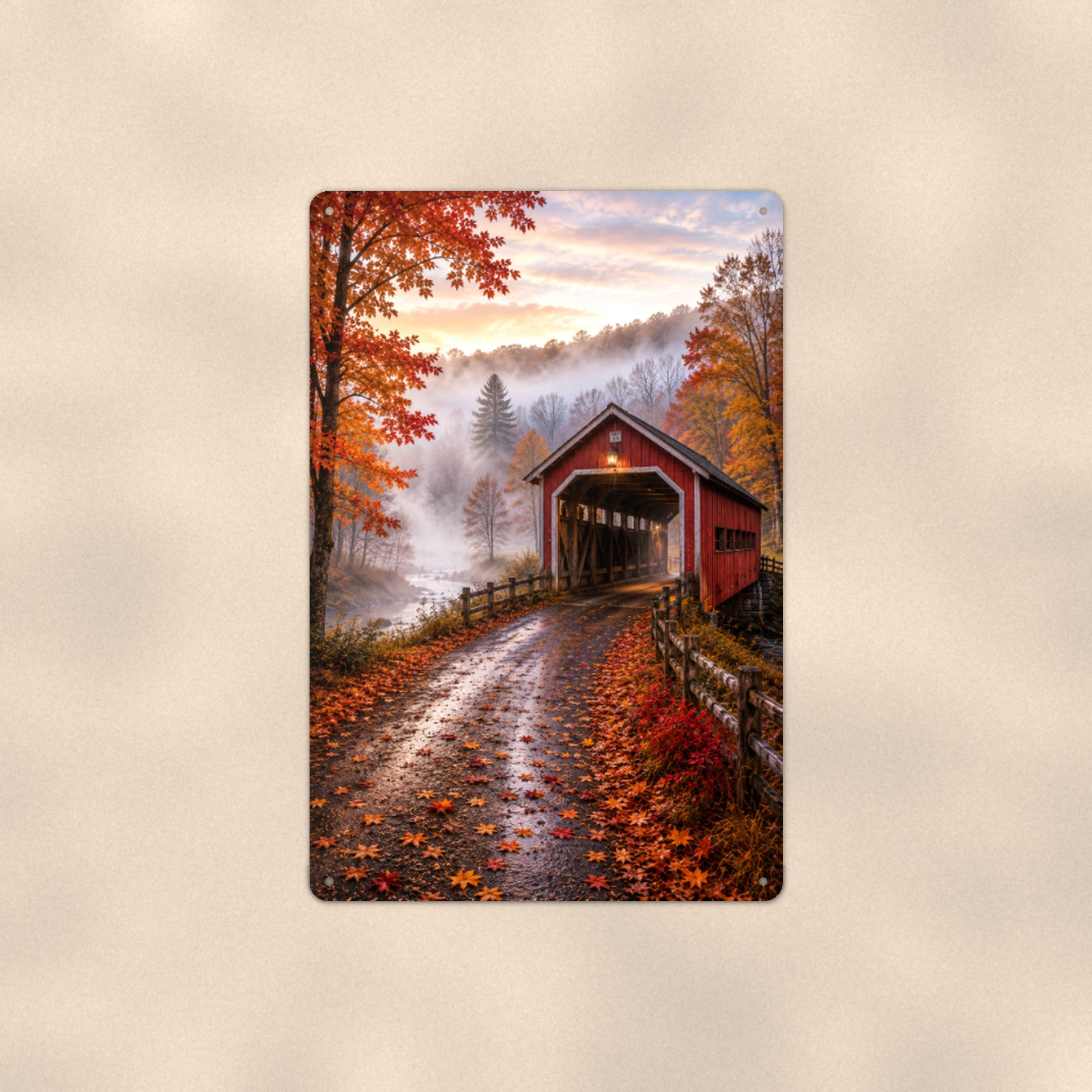 Covered Bridge Misty Autumn Road aluminum metal sign 8" x 12" - front view on warm wall