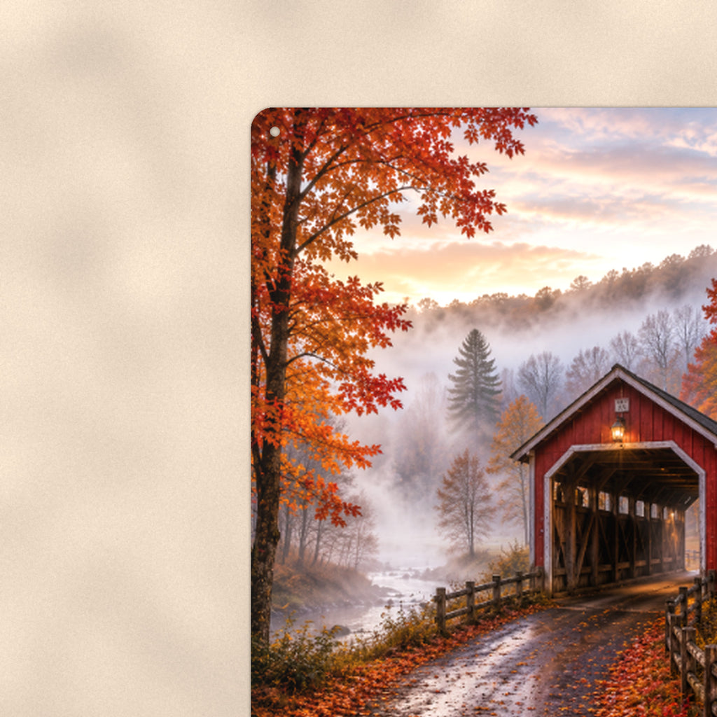 Covered Bridge Misty Autumn Road aluminum metal sign 8" x 12" - close-up view of the printed artwork