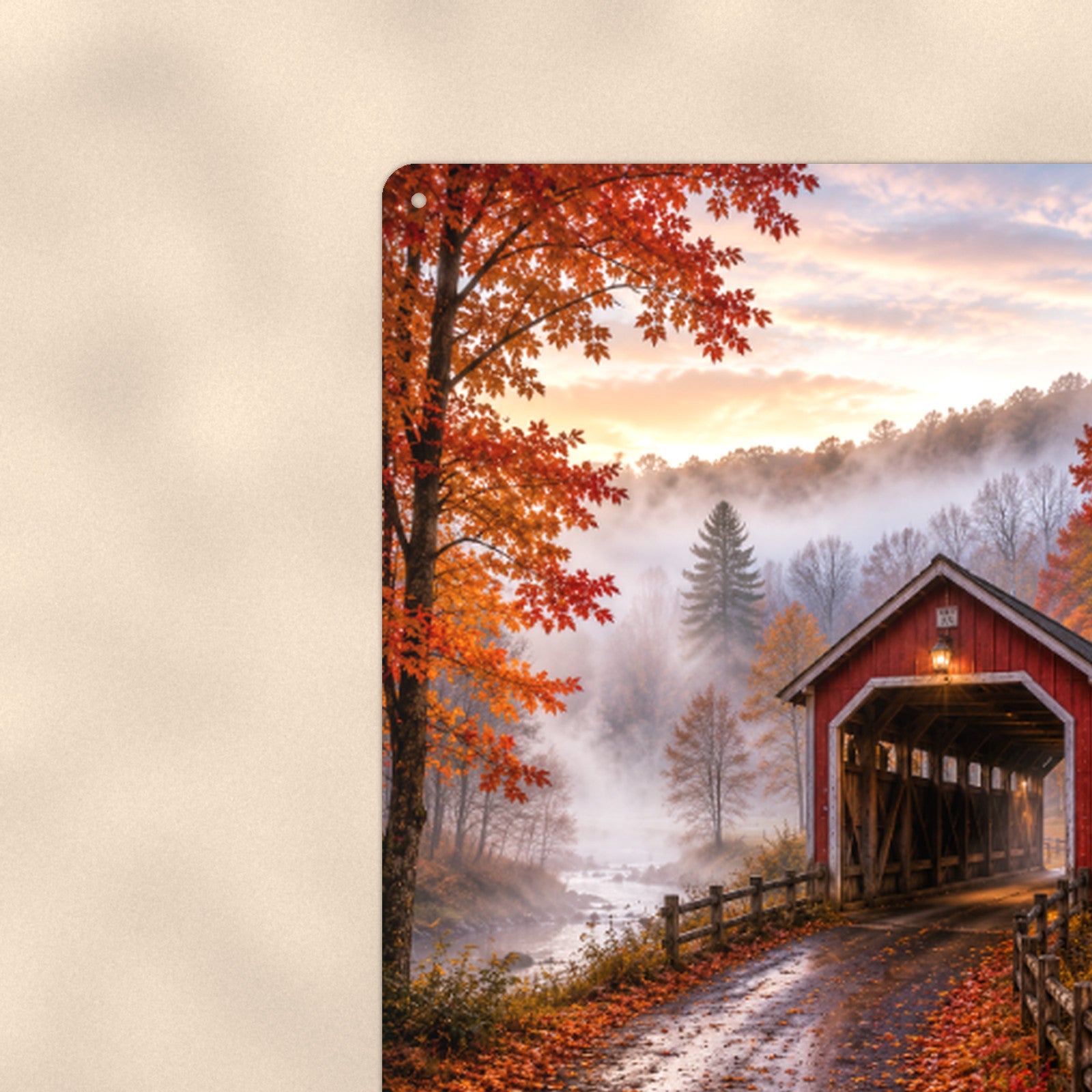 Covered Bridge Misty Autumn Road aluminum metal sign 8" x 12" - close-up view of the printed artwork