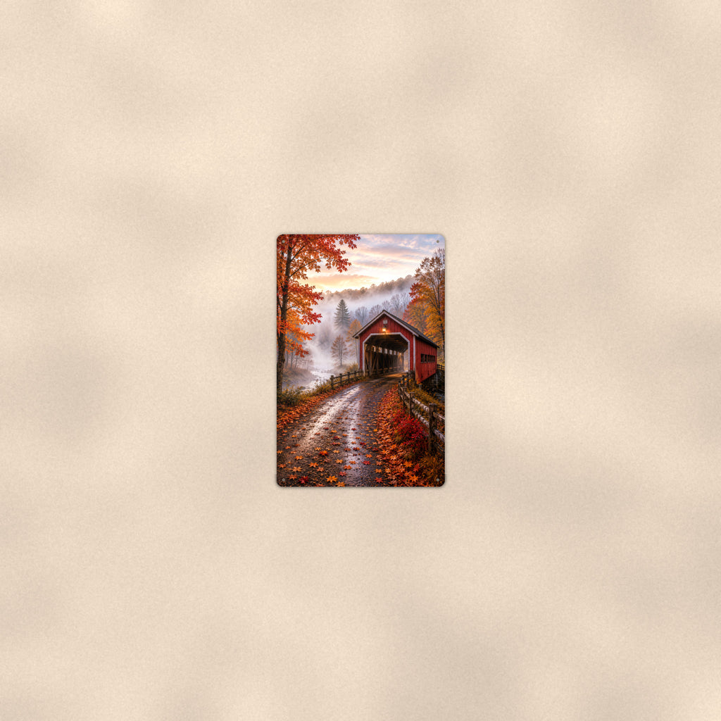 Covered Bridge Misty Autumn Road aluminum metal sign 8" x 12" - room view on warm wall