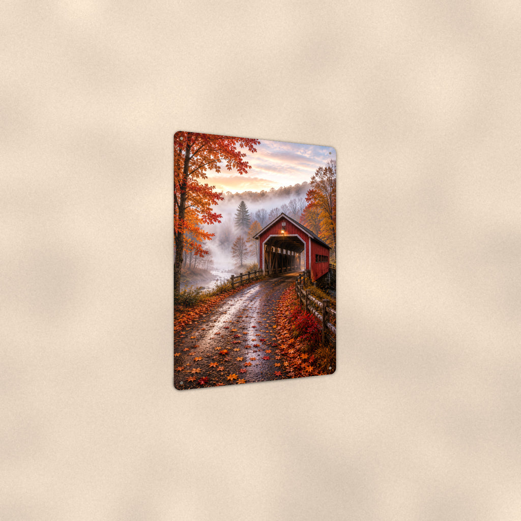 Covered Bridge Misty Autumn Road aluminum metal sign 8" x 12" - angled view showing glossy finish