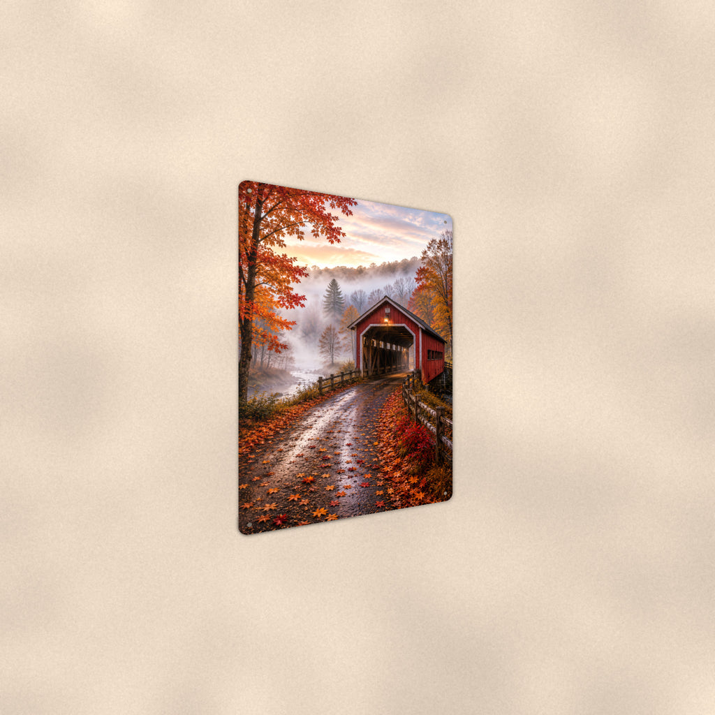 Covered Bridge Misty Autumn Road aluminum metal sign 8" x 12" - angled wall view from a wider angle