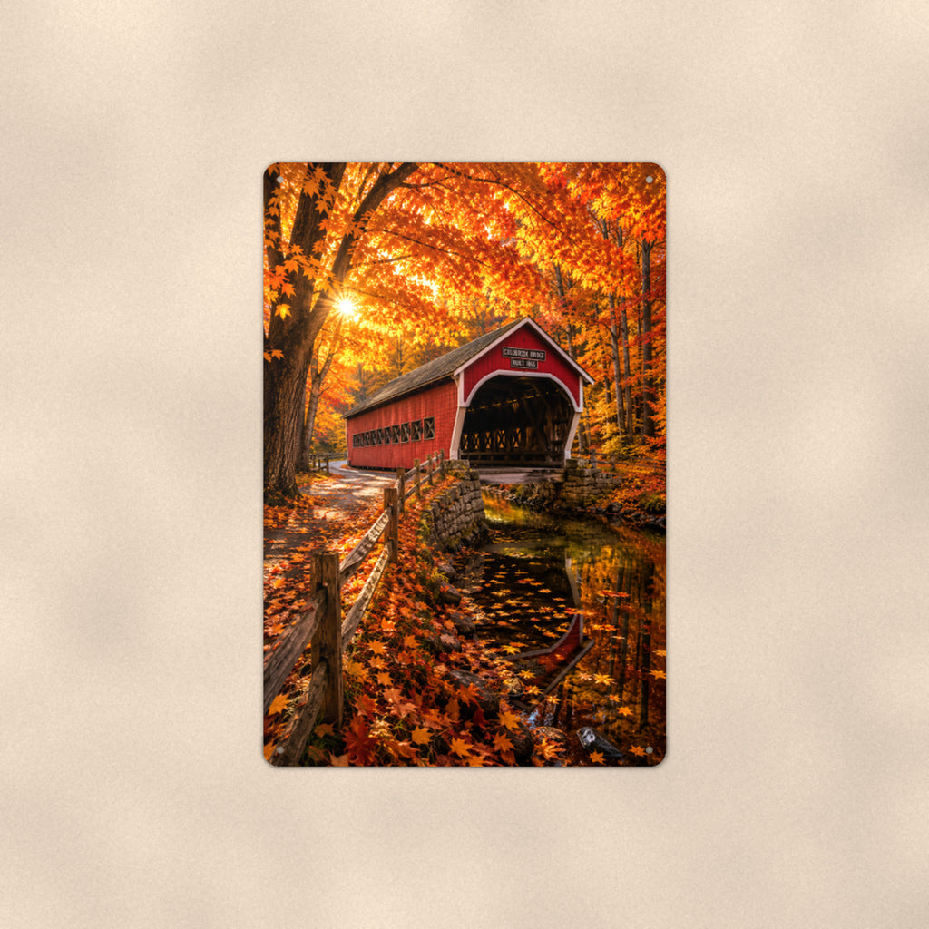 Covered Bridge Golden Tunnel aluminum metal sign 8" x 12" - front view on warm wall