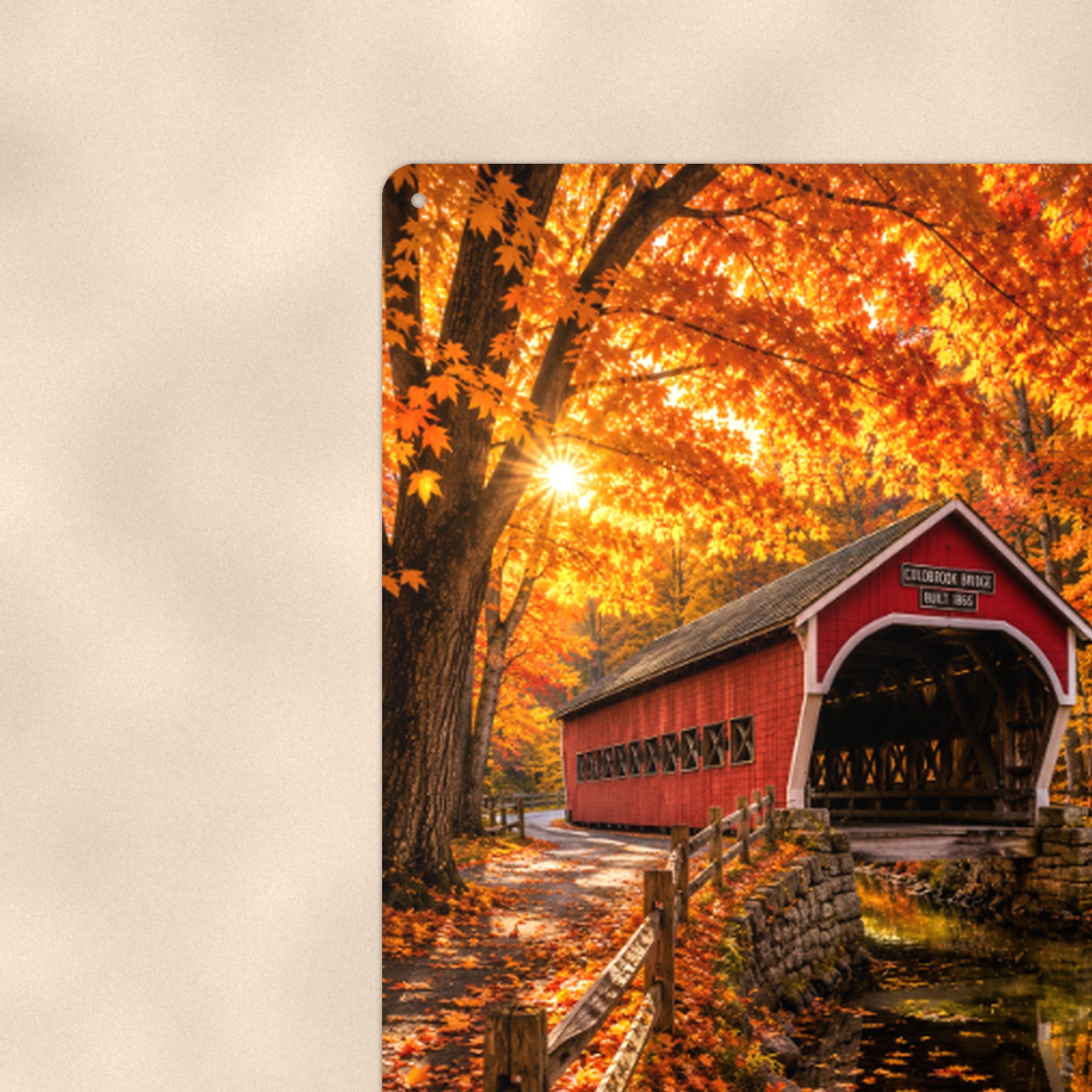 Covered Bridge Golden Tunnel aluminum metal sign 8" x 12" - close-up view of the printed artwork