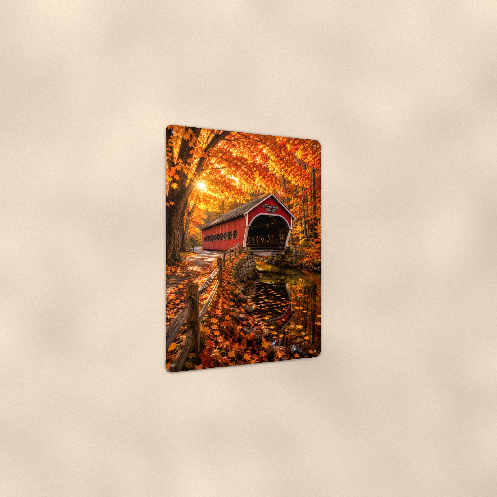 Covered Bridge Golden Tunnel aluminum metal sign 8" x 12" - angled view showing glossy finish