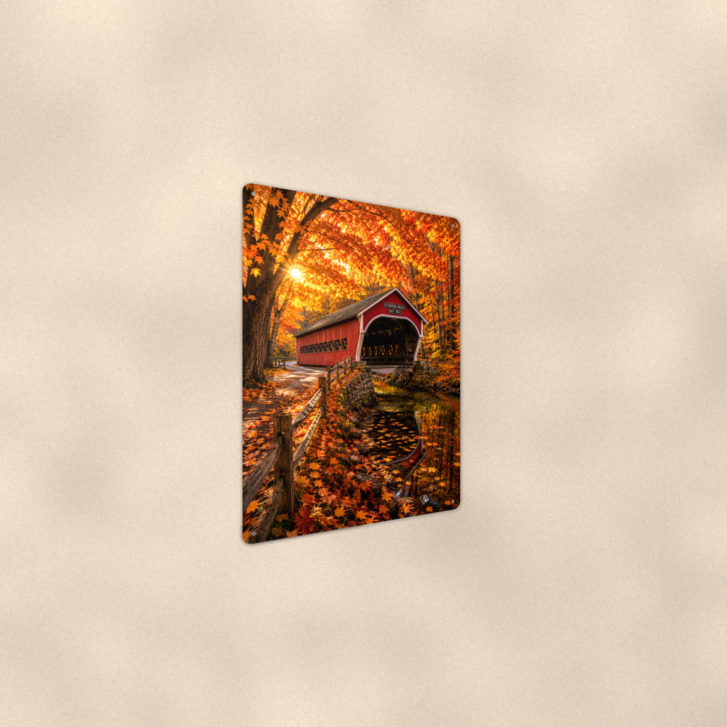 Covered Bridge Golden Tunnel aluminum metal sign 8" x 12" - angled wall view from a wider angle