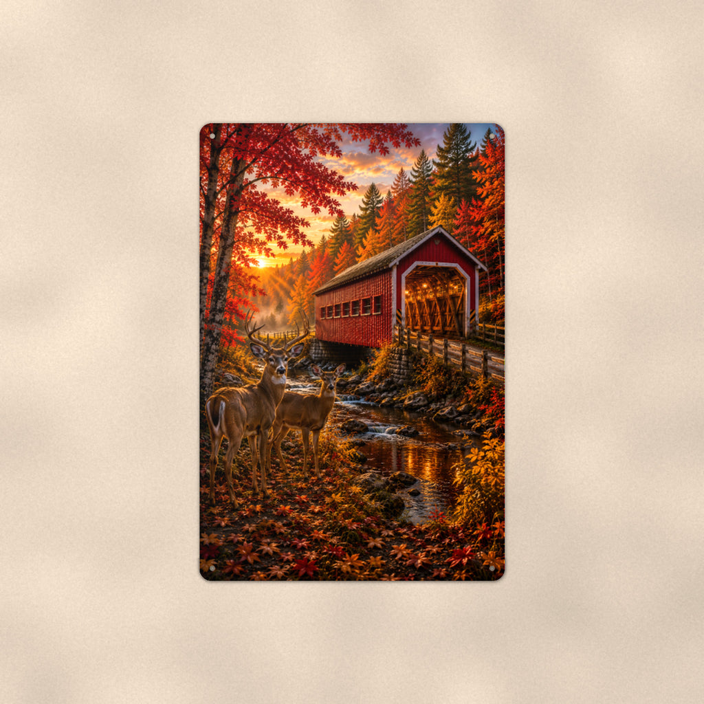 Covered Bridge with Deer aluminum metal sign 8" x 12" - front view on warm wall