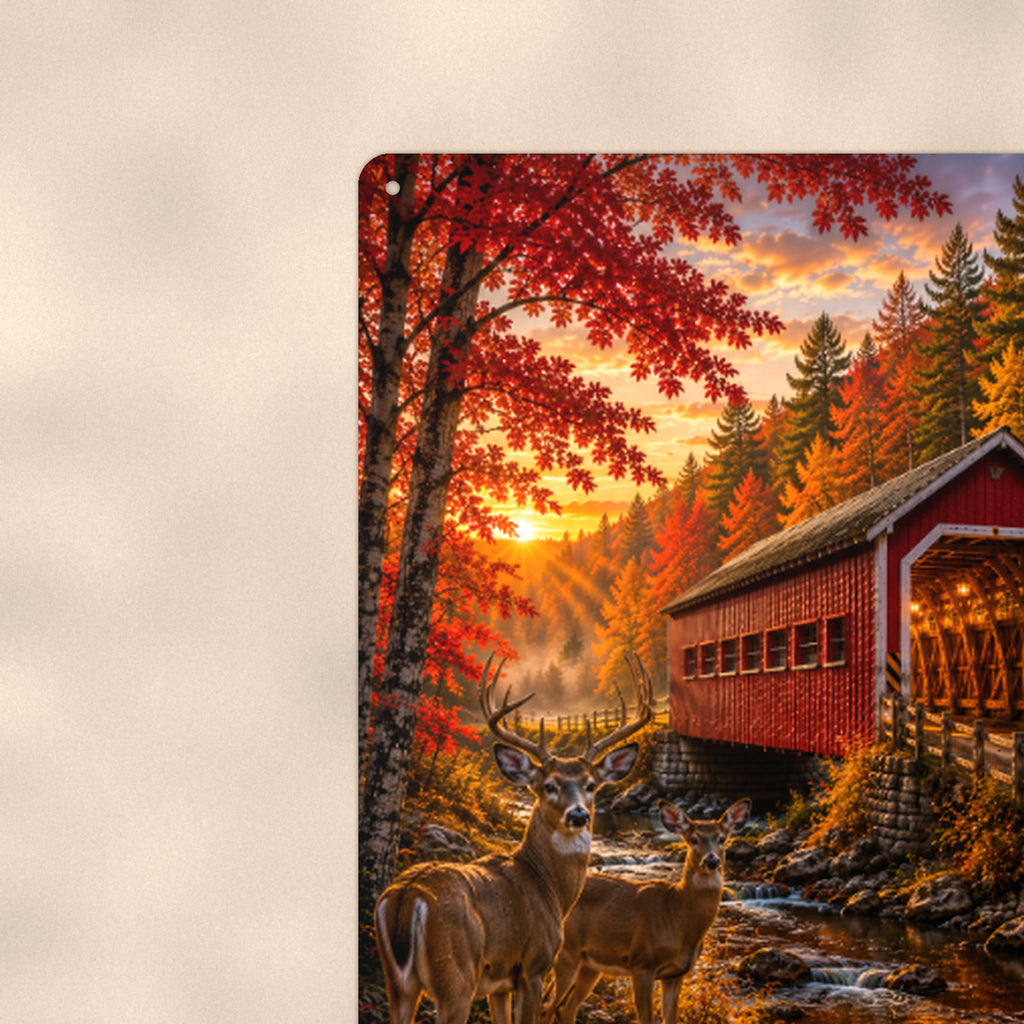 Covered Bridge with Deer aluminum metal sign 8" x 12" - close-up view of the printed artwork