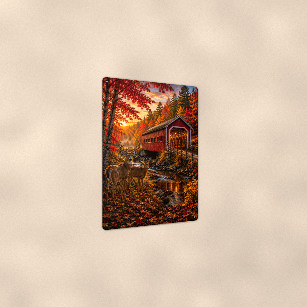 Covered Bridge with Deer aluminum metal sign 8" x 12" - angled view showing glossy finish