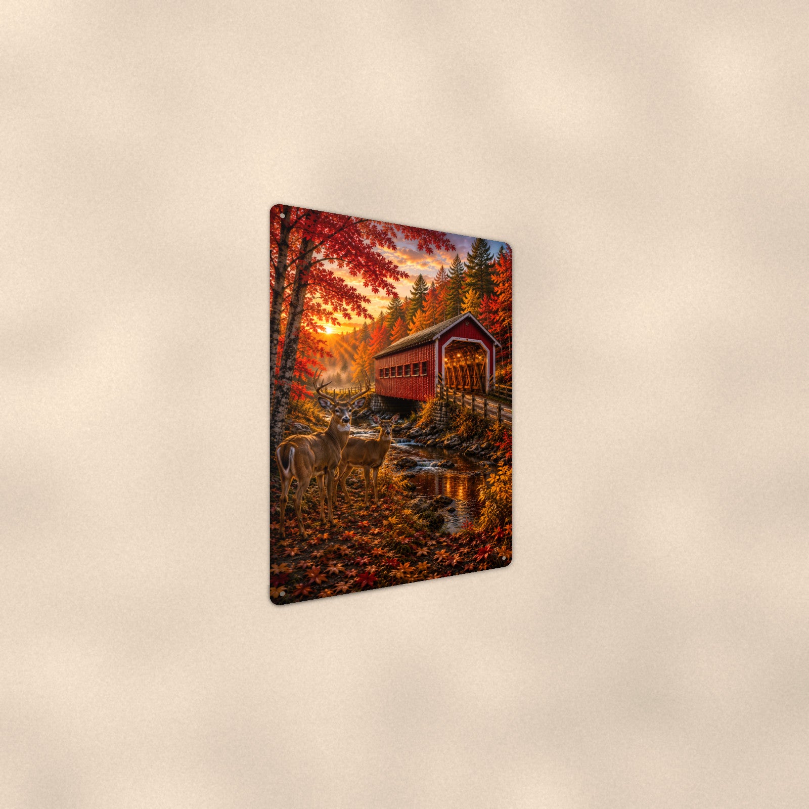 Covered Bridge with Deer aluminum metal sign 8" x 12" - angled wall view from a wider angle