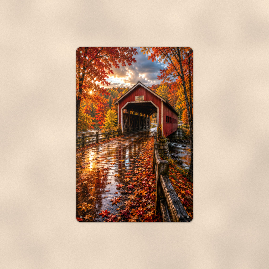 Covered Bridge After the Rain aluminum metal sign 8" x 12" - front view on warm wall