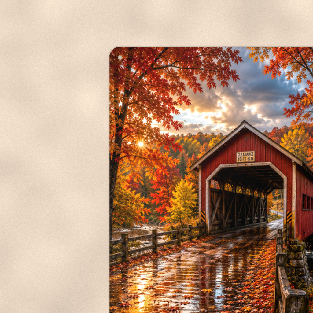 Covered Bridge After the Rain aluminum metal sign 8" x 12" - close-up view of the printed artwork