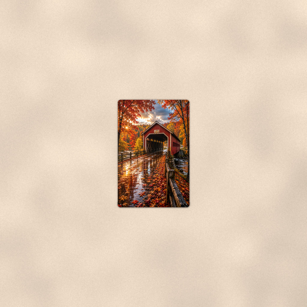 Covered Bridge After the Rain aluminum metal sign 8" x 12" - room view on warm wall