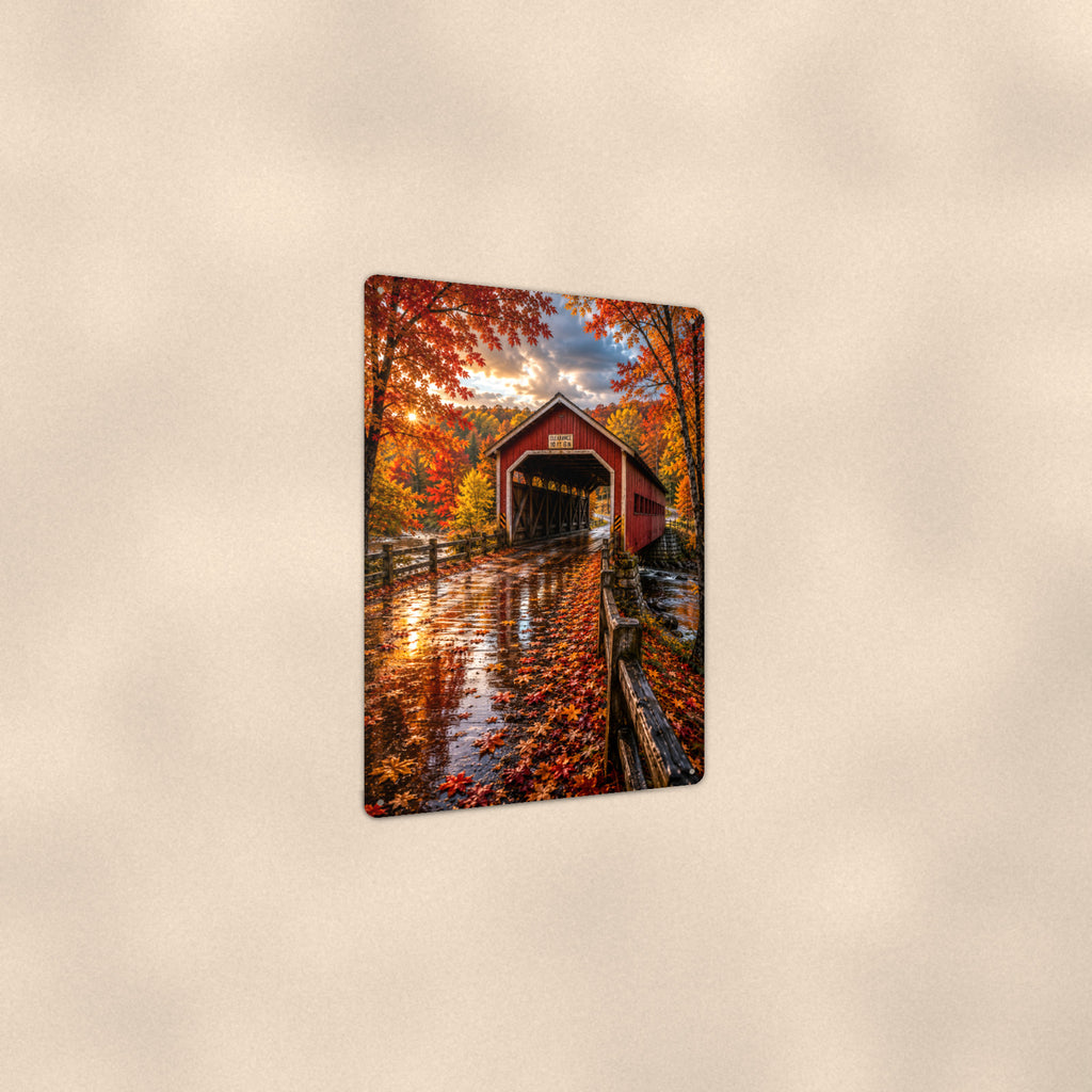 Covered Bridge After the Rain aluminum metal sign 8" x 12" - angled view showing glossy finish
