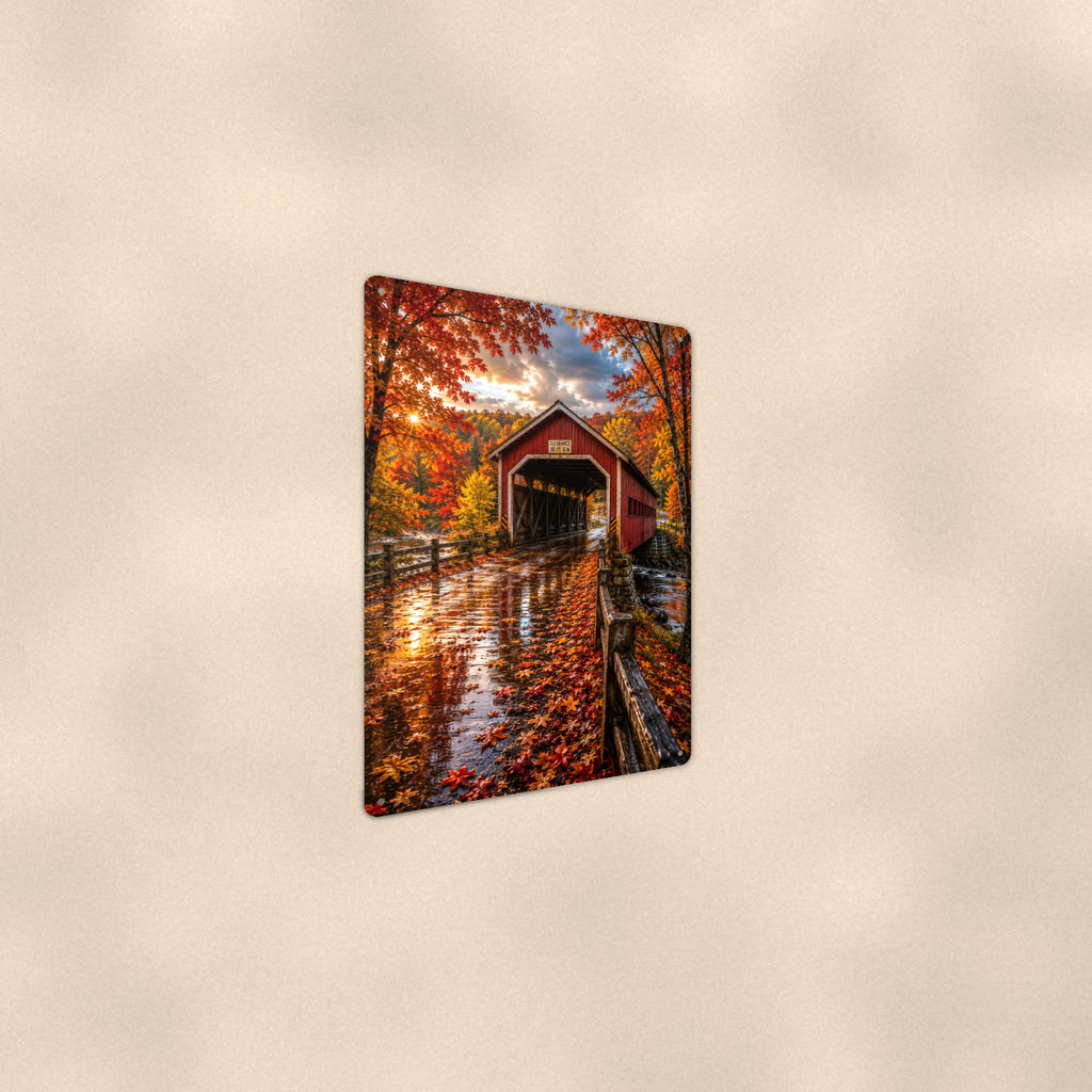 Covered Bridge After the Rain aluminum metal sign 8" x 12" - angled wall view from a wider angle
