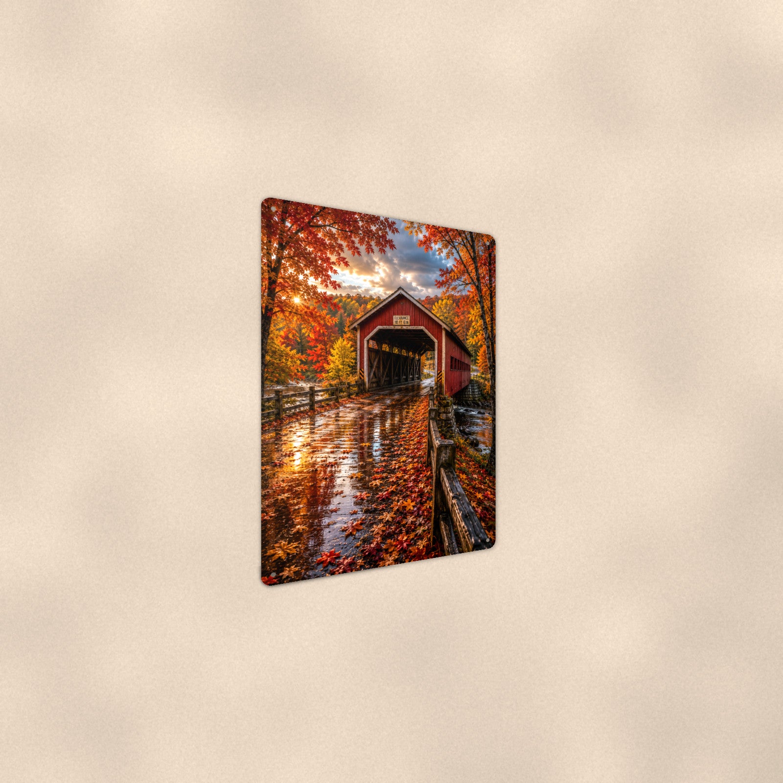 Covered Bridge After the Rain aluminum metal sign 8" x 12" - angled wall view from a wider angle