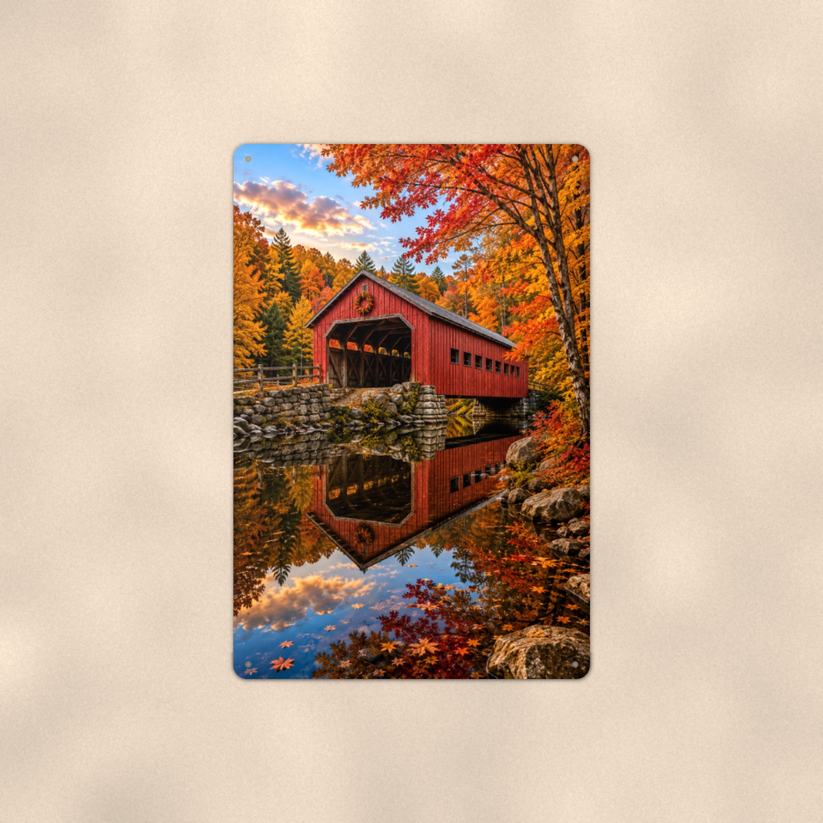 Covered Bridge Mirror Pond aluminum metal sign 8" x 12" - front view on warm wall