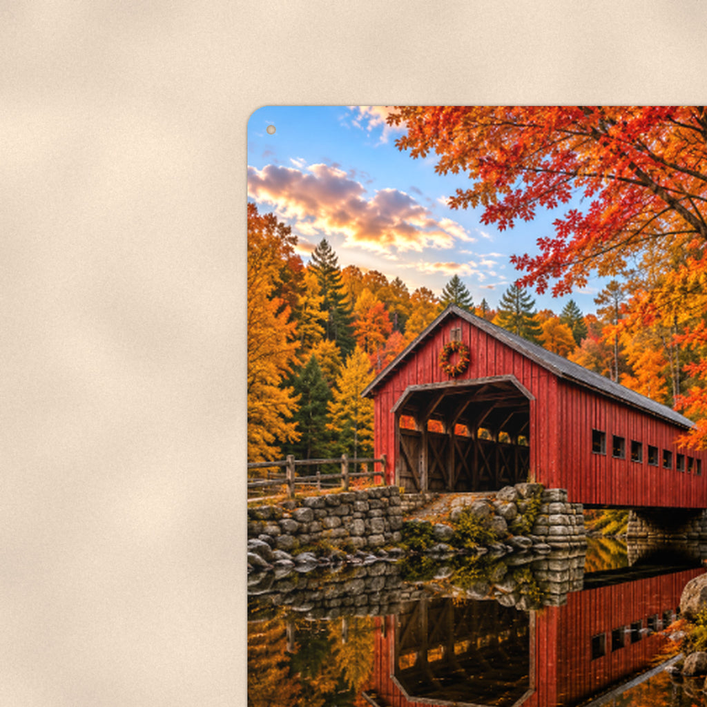 Covered Bridge Mirror Pond aluminum metal sign 8" x 12" - close-up view of the printed artwork