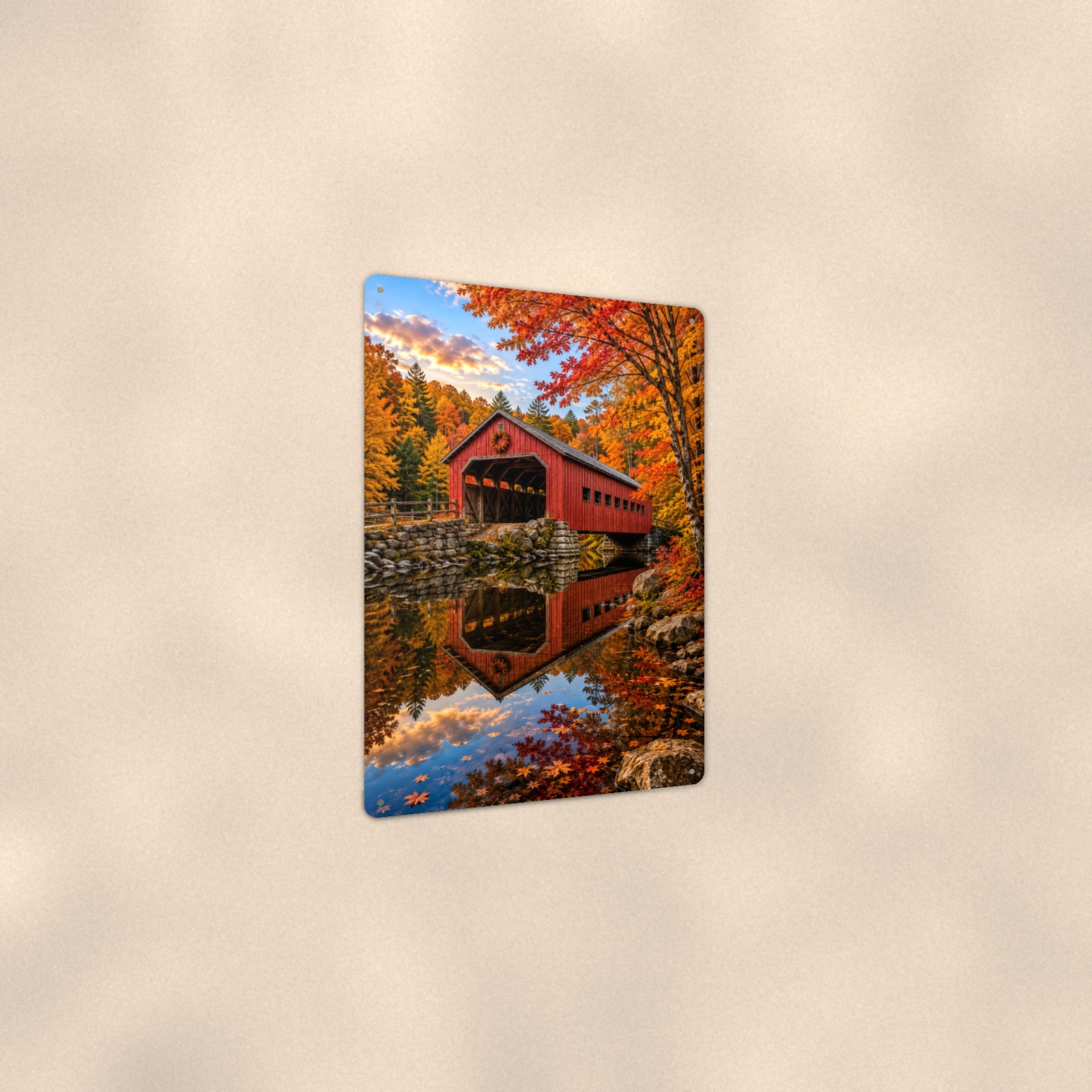 Covered Bridge Mirror Pond aluminum metal sign 8" x 12" - angled view showing glossy finish