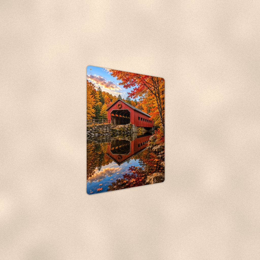 Covered Bridge Mirror Pond aluminum metal sign 8" x 12" - angled wall view from a wider angle