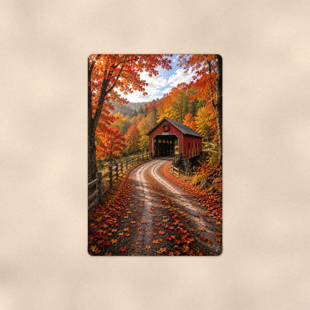 Covered Bridge Winding Road aluminum metal sign 8" x 12" - front view on warm wall