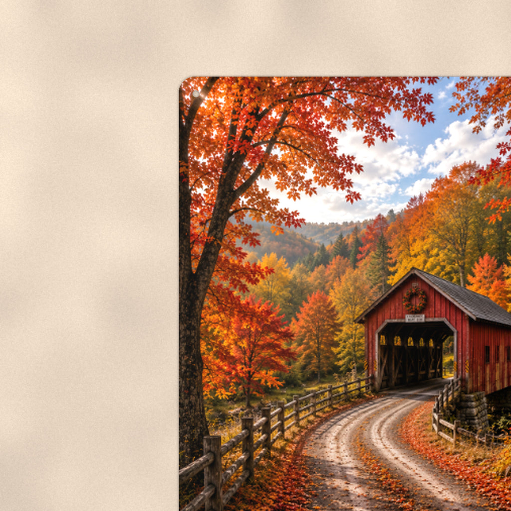 Covered Bridge Winding Road aluminum metal sign 8" x 12" - close-up view of the printed artwork