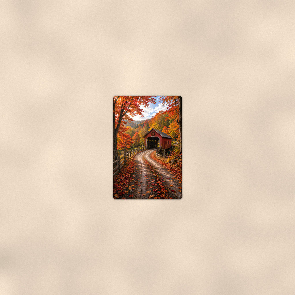 Covered Bridge Winding Road aluminum metal sign 8" x 12" - room view on warm wall