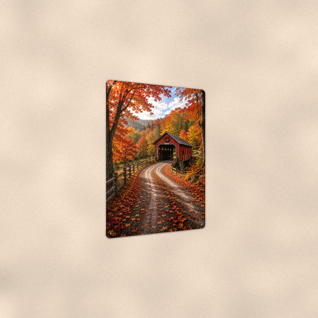 Covered Bridge Winding Road aluminum metal sign 8" x 12" - angled view showing glossy finish