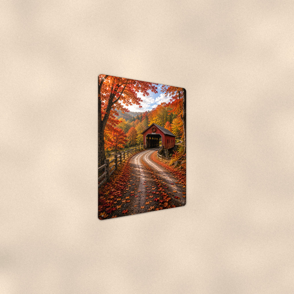 Covered Bridge Winding Road aluminum metal sign 8" x 12" - angled wall view from a wider angle