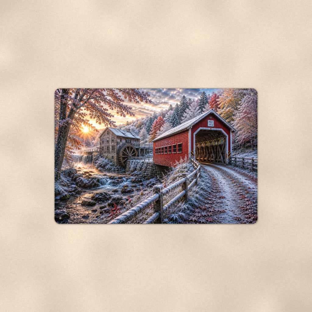 Covered Bridge Grist Mill First Snow aluminum metal sign 12" x 8" - front view on warm wall