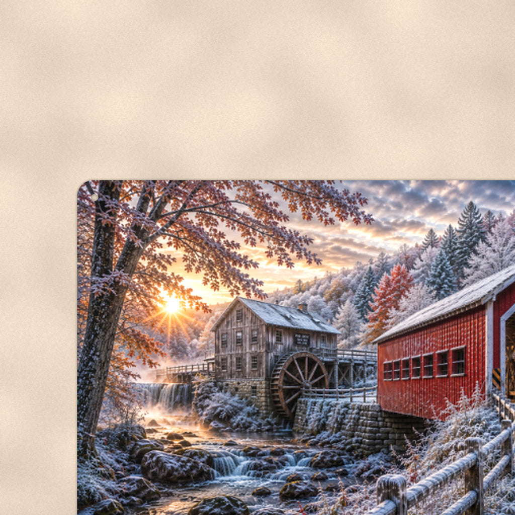 Covered Bridge Grist Mill First Snow aluminum metal sign 12" x 8" - close-up view of the printed artwork
