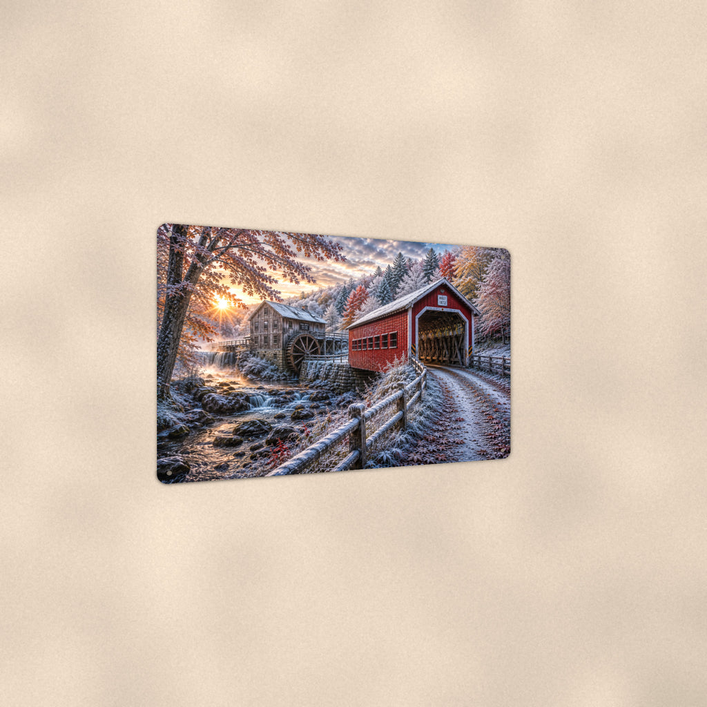 Covered Bridge Grist Mill First Snow aluminum metal sign 12" x 8" - angled view showing glossy finish