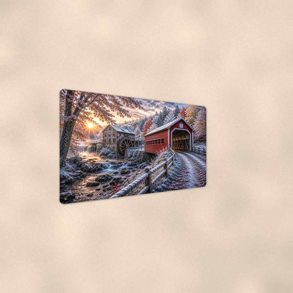 Covered Bridge Grist Mill First Snow aluminum metal sign 12" x 8" - angled wall view from a wider angle