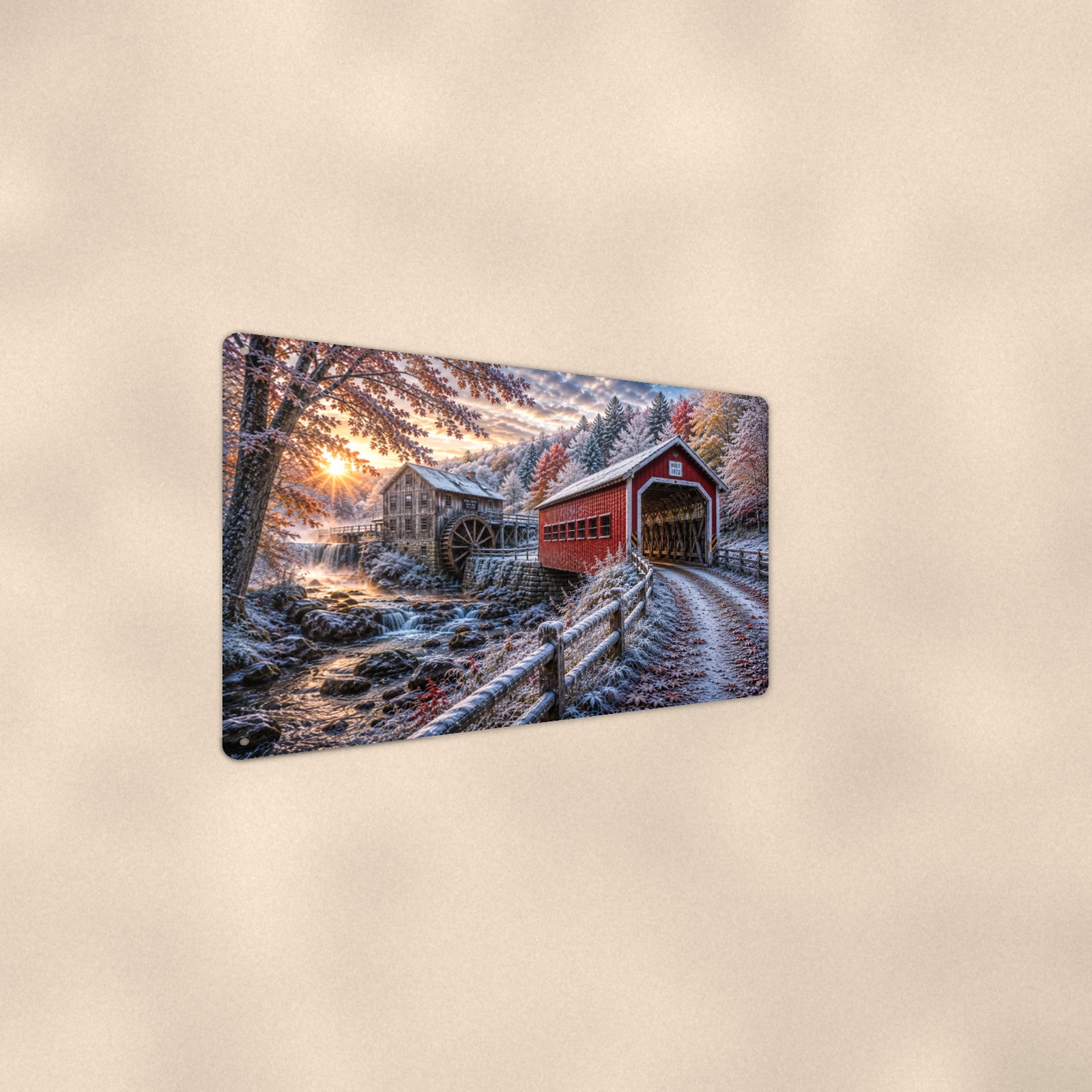 Covered Bridge Grist Mill First Snow aluminum metal sign 12" x 8" - angled wall view from a wider angle