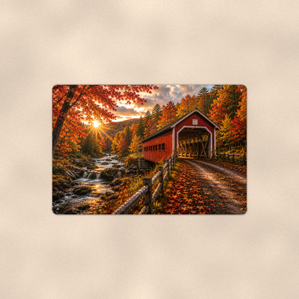 Covered Bridge Boulder Stream Sunrise aluminum metal sign 12" x 8" - front view on warm wall