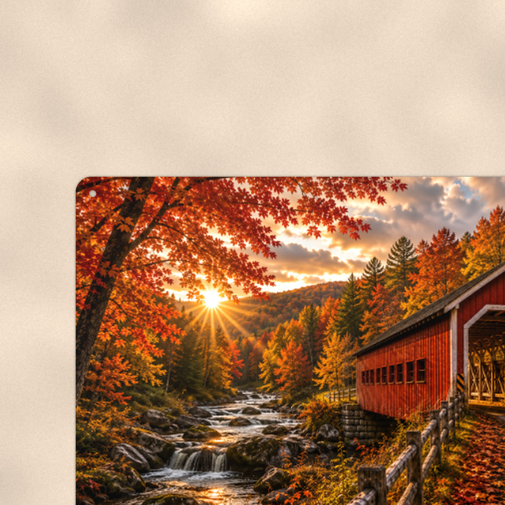 Covered Bridge Boulder Stream Sunrise aluminum metal sign 12" x 8" - close-up view of the printed artwork