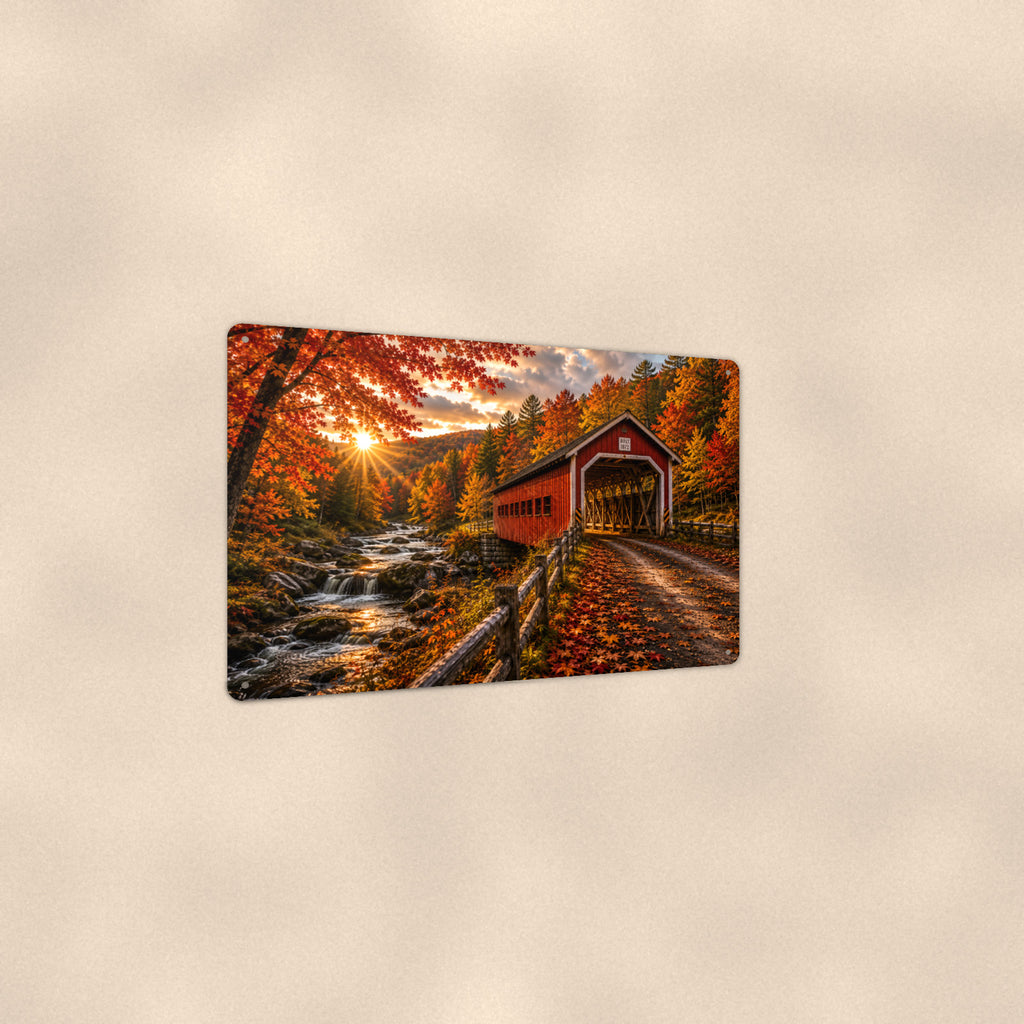 Covered Bridge Boulder Stream Sunrise aluminum metal sign 12" x 8" - angled view showing glossy finish